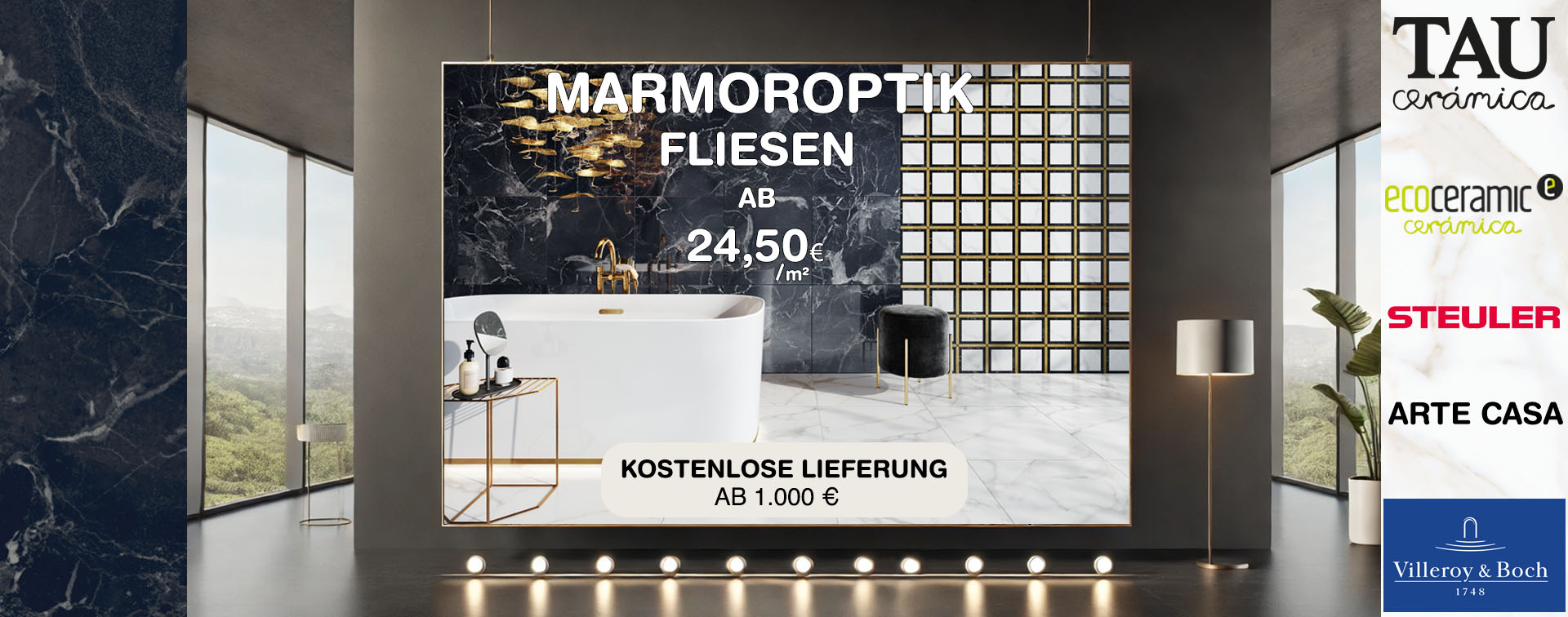 Luxuriöse Räume mit Fliesen in Marmoroptik